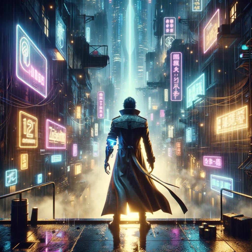 Cyberpunk Guardian Overlooking Neon Cityscape