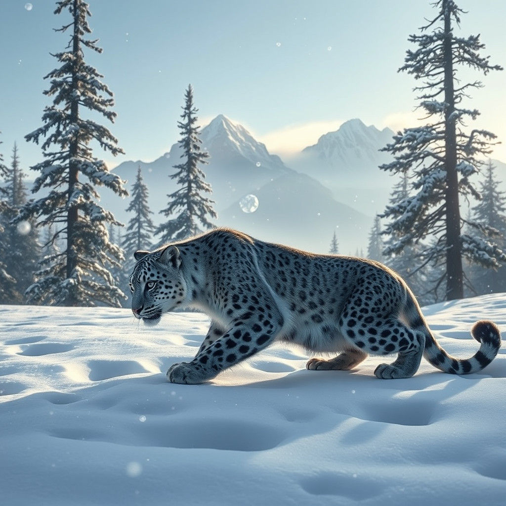 Snow Leopard Hunting in Snowy Mountains