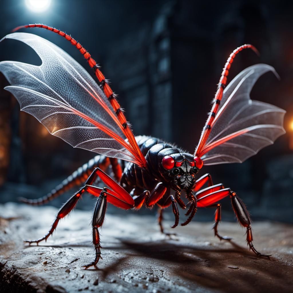Scorpion with big translucent wings, winged scorpion, scary face, red eyes staring at you, harming tail spike. Old backs...