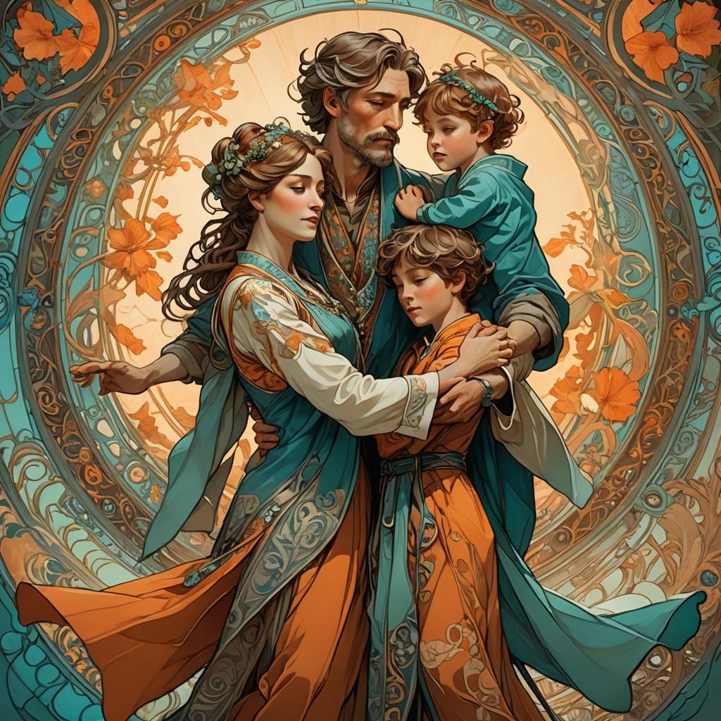 Touching Family Portrait in Art Nouveau Style