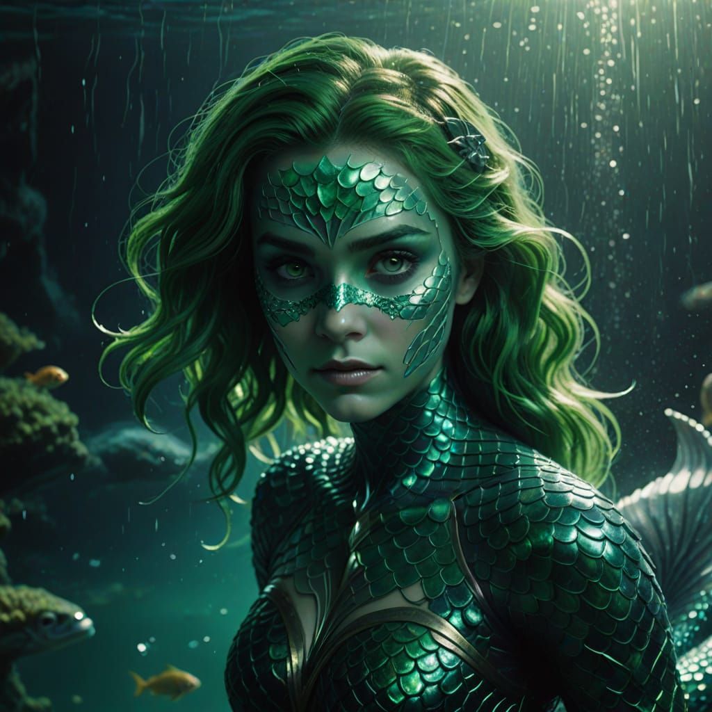Hyperrealistic Mermaid Concept Art with Green Hair and Eyes