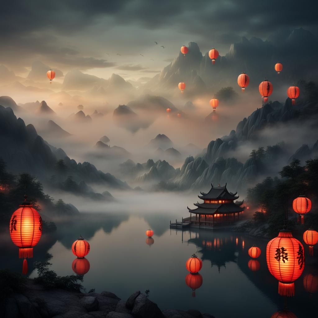 Foggy Mountain Vista with Chinese Lanterns