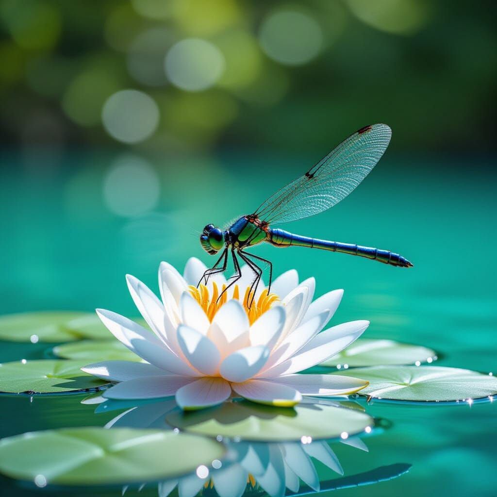 Giant Dragonfly on Water Lily in Cinematic Style