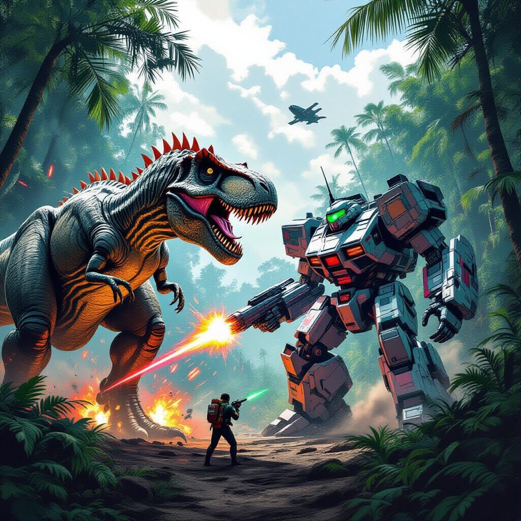 T-Rex vs Battle Mech in Jungle: Graffiti & Splash Art