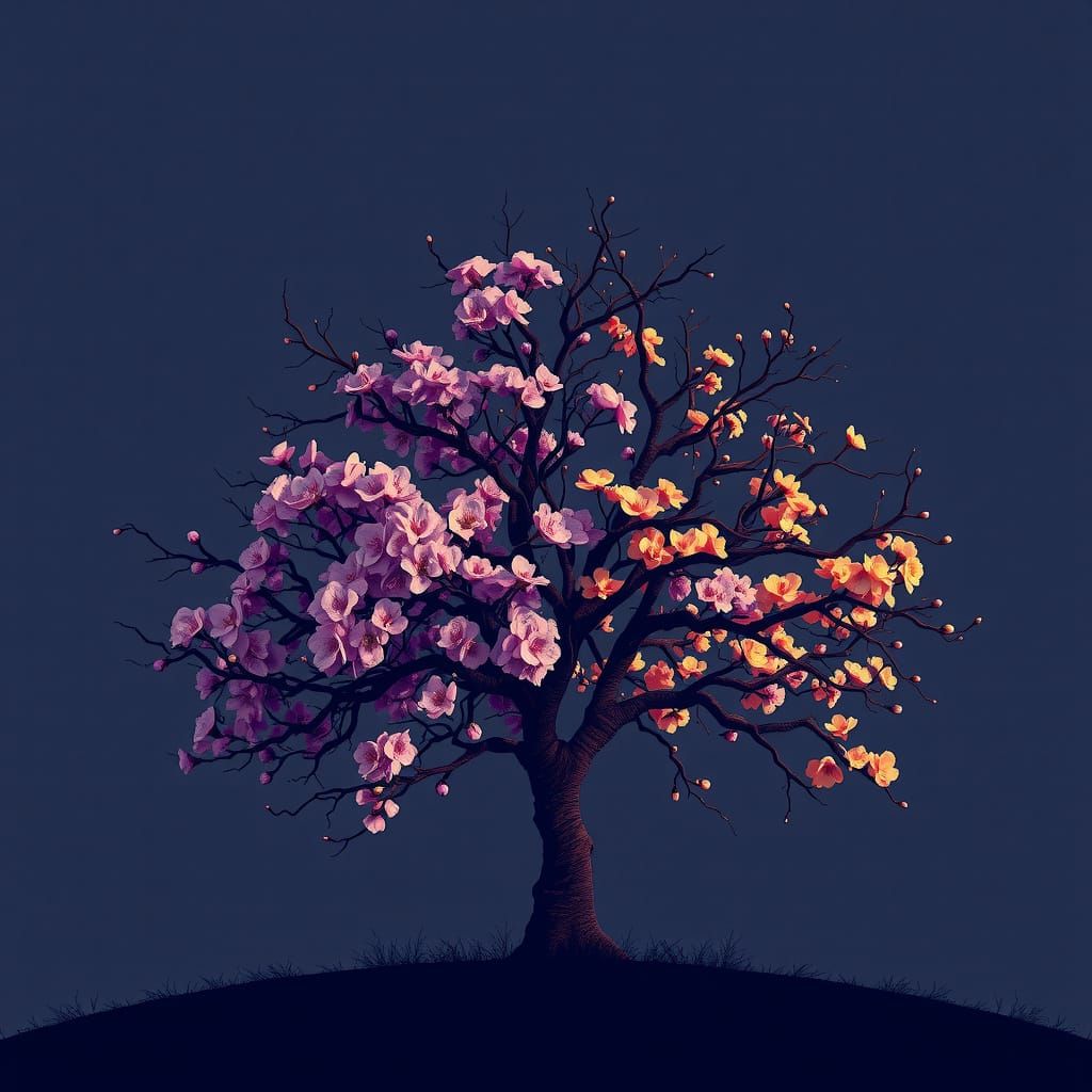 Minimalist Dark Fantasy Tree in Vibrant Hues