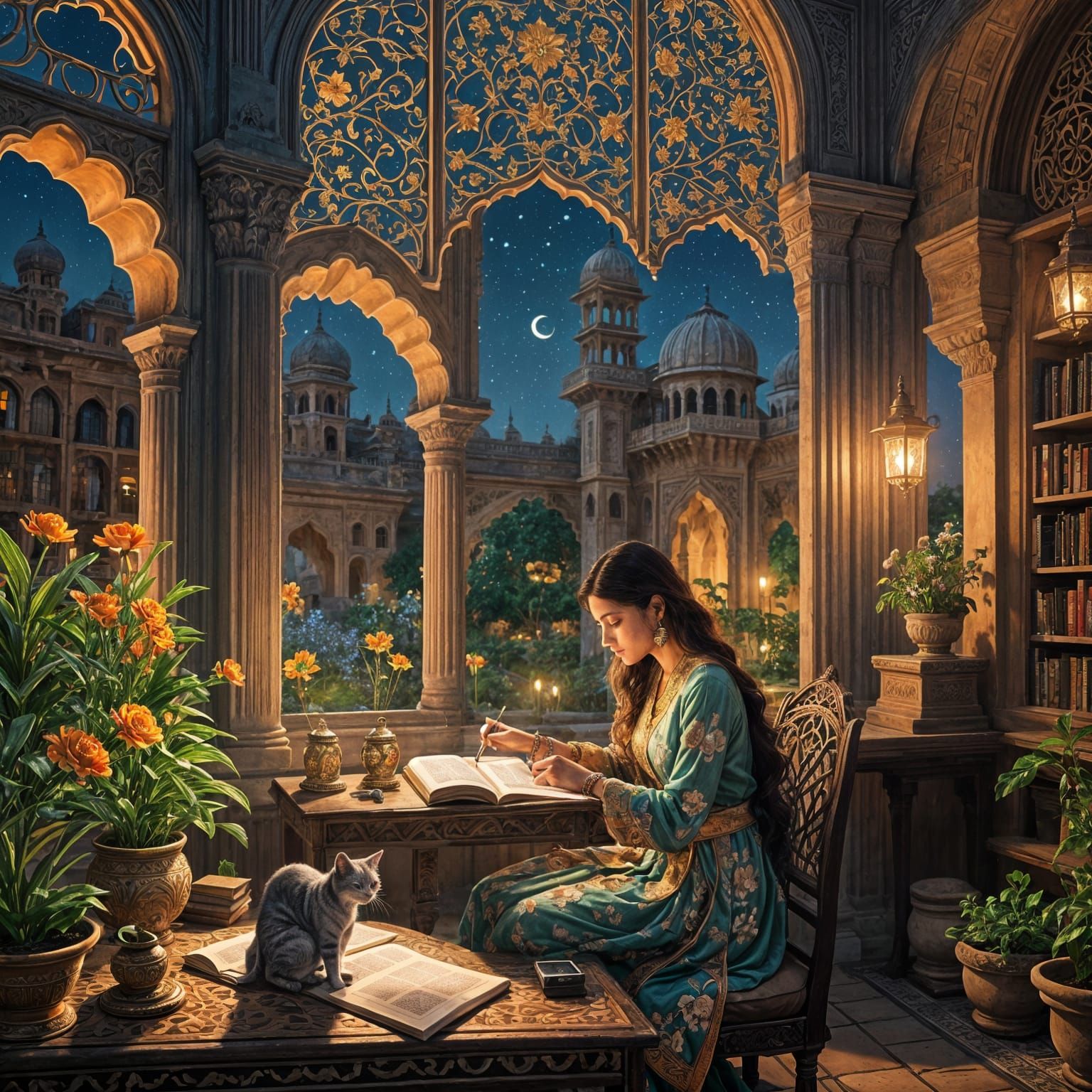 Lofi Girl Studying at Night in Mughal Setting