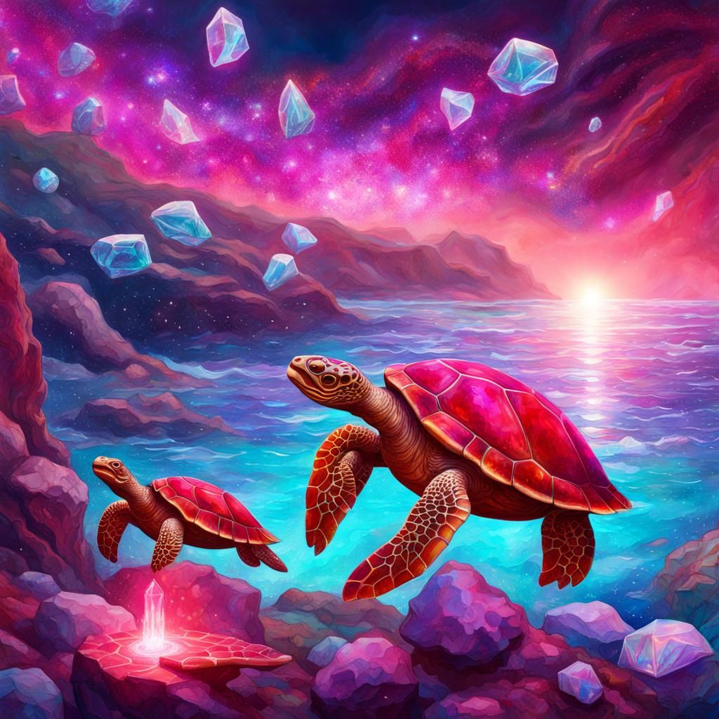 Sparkling Ruby Mine by the Ocean, Holographic Illustration
