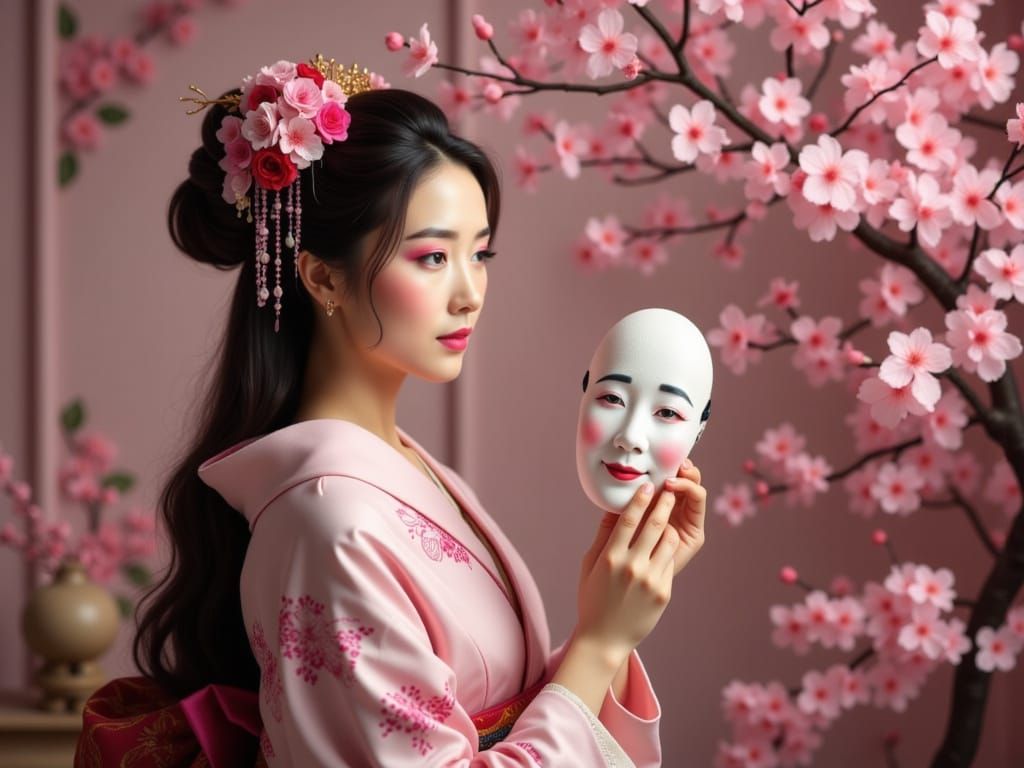 Geisha With Happy Mask Reflects Sadness in Softly Colored Ro...