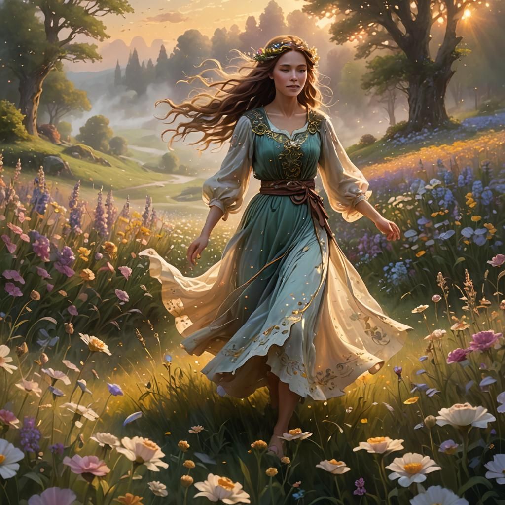 Druid in Flower Field, Ethereal Fantasy Art