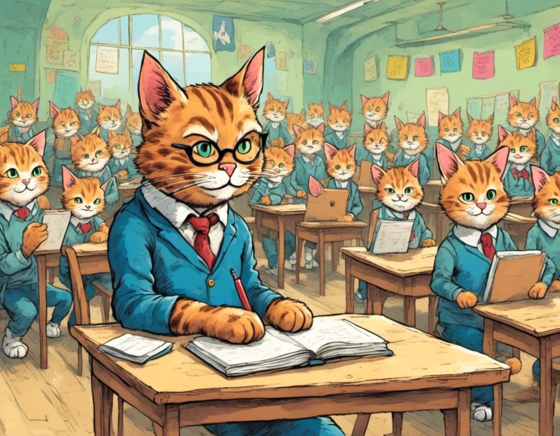 Anthropomorphic Cat Faces Difficult School Exam