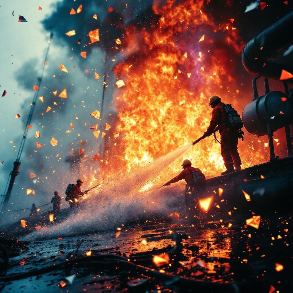 Workers Battle Ship Fire in Crystalline Cinematic Style