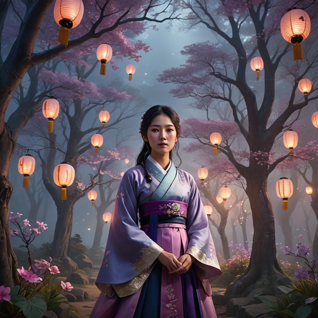 Mystical Korean Woman in Forest, Art Nouveau Style