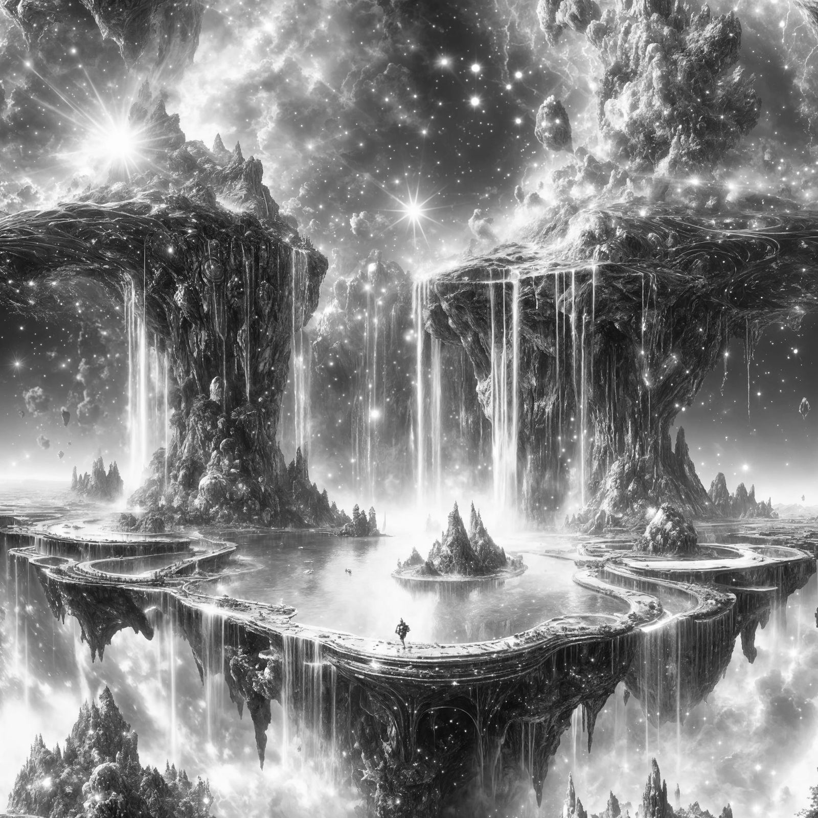 Radiant Futuristic Landscape with Sparkling Pools