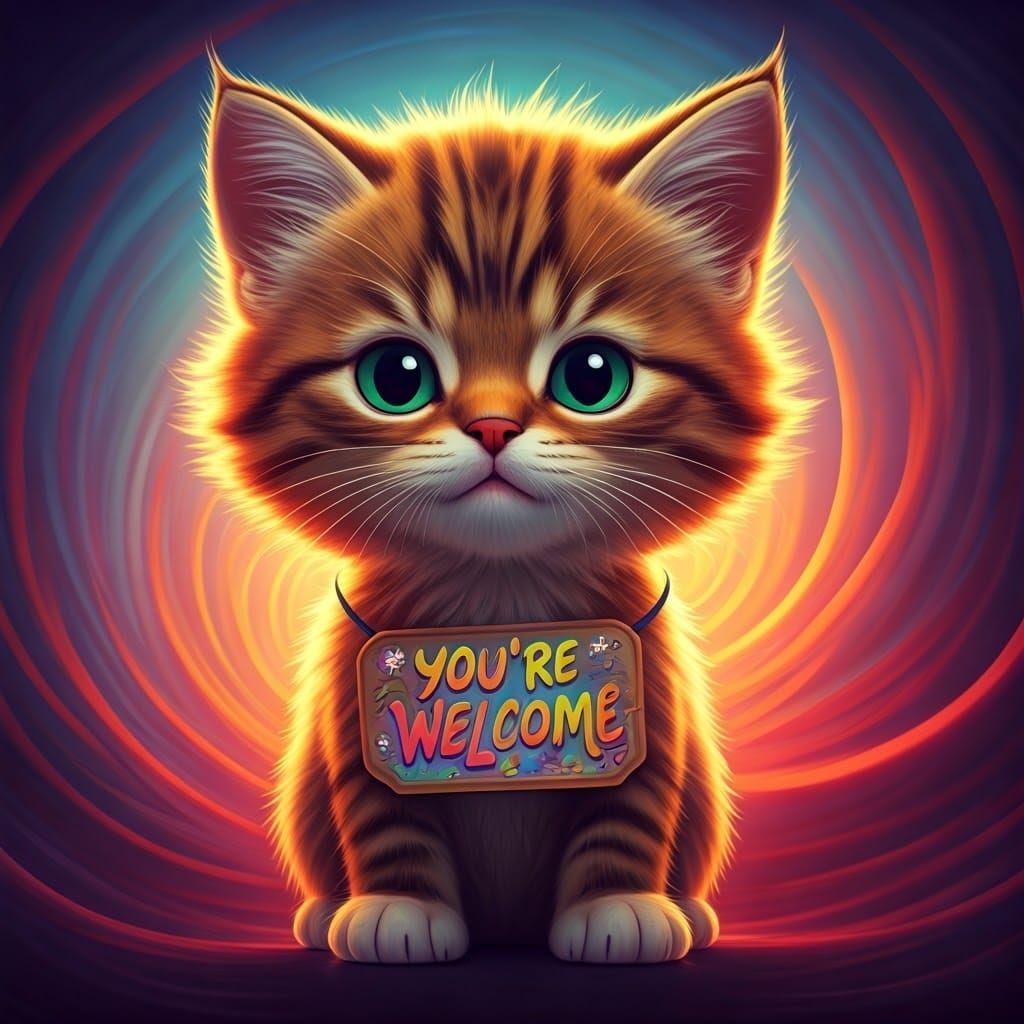 Chibi Kitten with 'You're Welcome' Sign