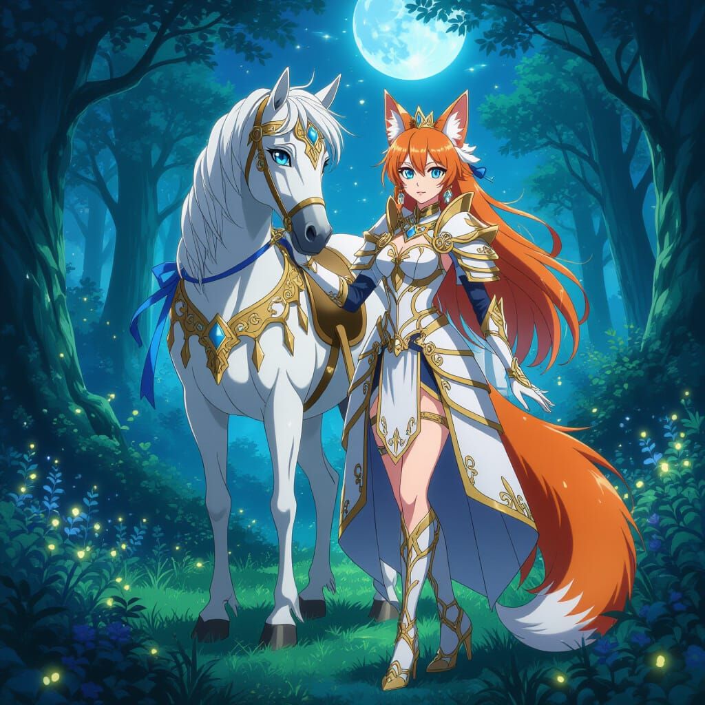 Anime Fox Queen in Golden Armor with White Horse