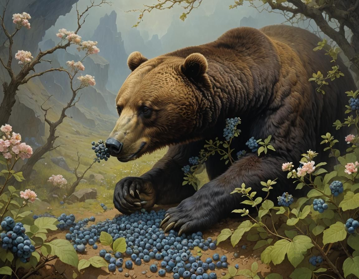 Brown Bear Biting Blueberries in Dystopian Style