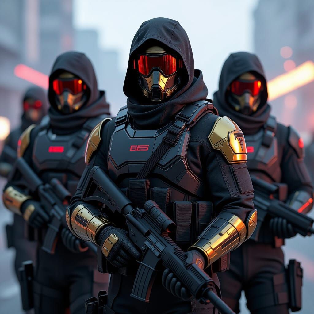 Futuristic Tactical Squad in Metallic Armor, Digital Art
