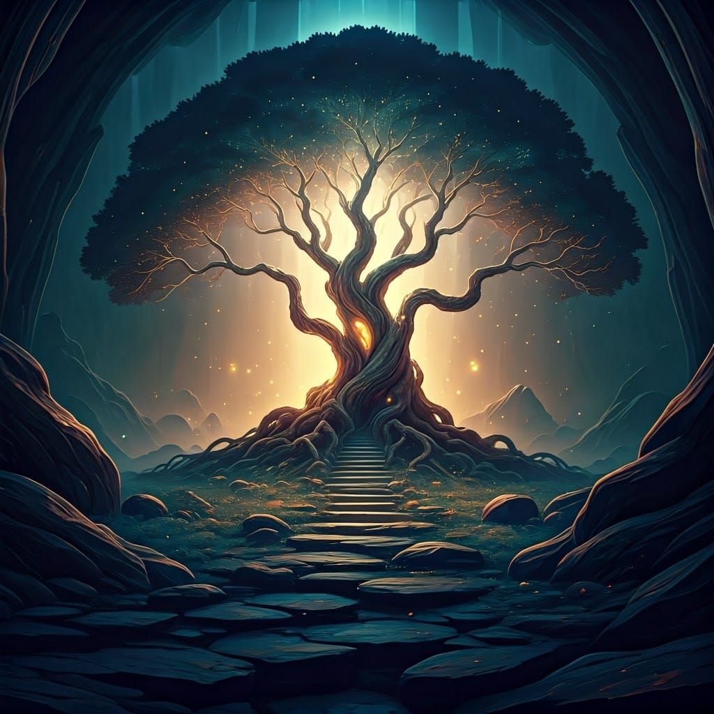 Ethereal Tree in Dreamlike Landscape
