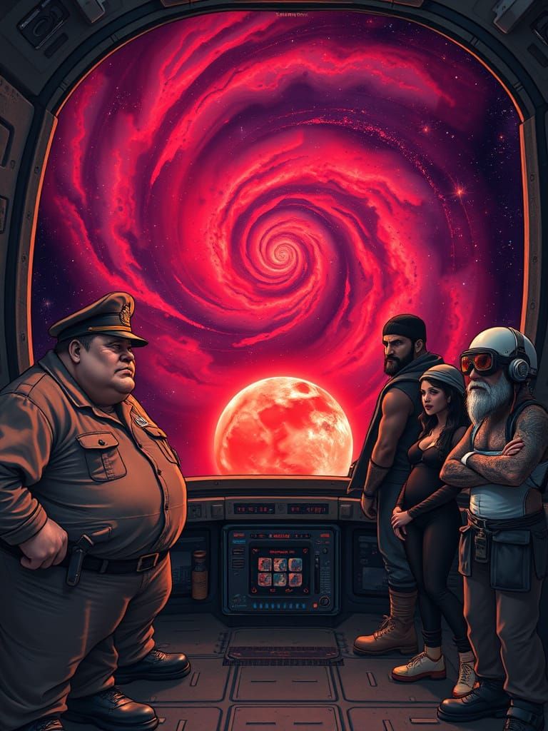 Starship Crew Gazing at Red Dwarf Star