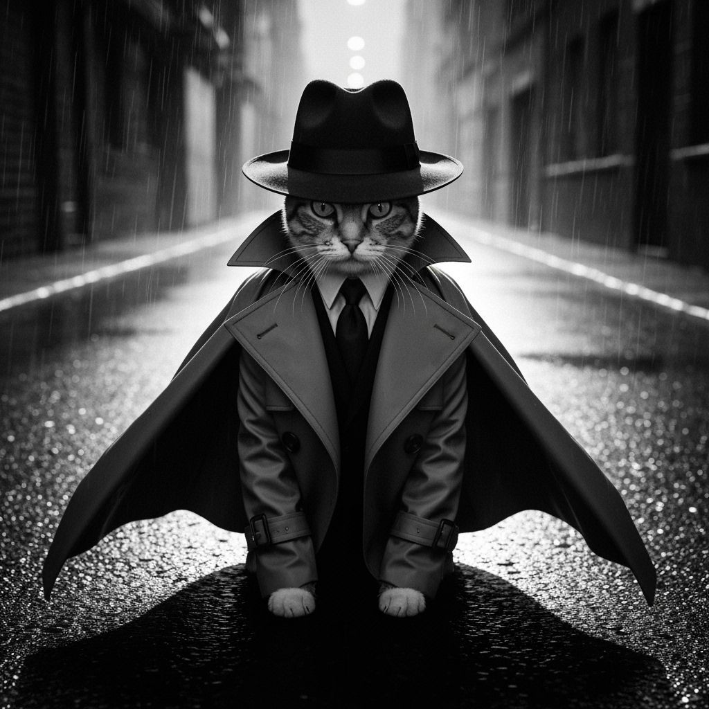 Noir Detective Cat Under Streetlamp