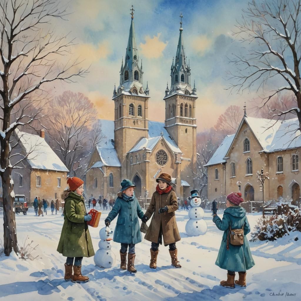 Winter Storybook Scene in Pastel Colors