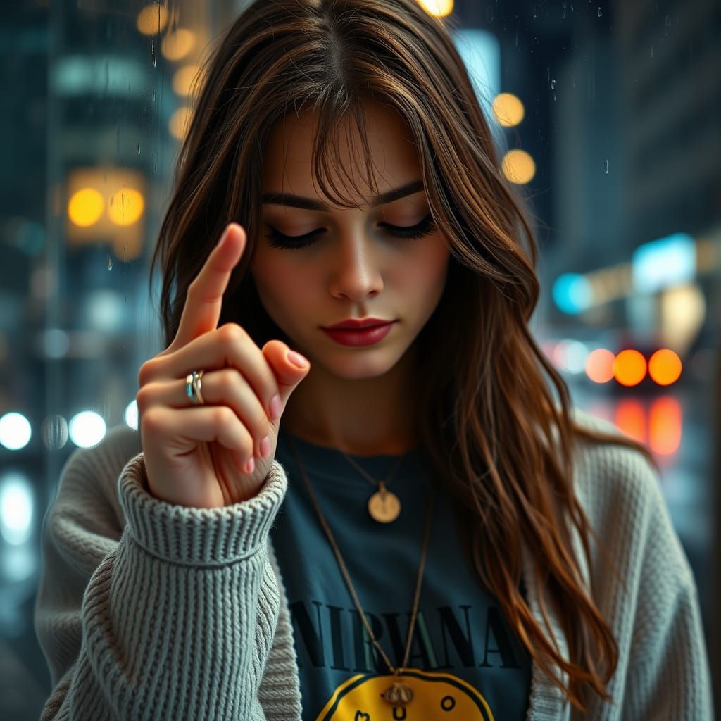 Young Woman Writing 'Hate Myself' on Misty Glass