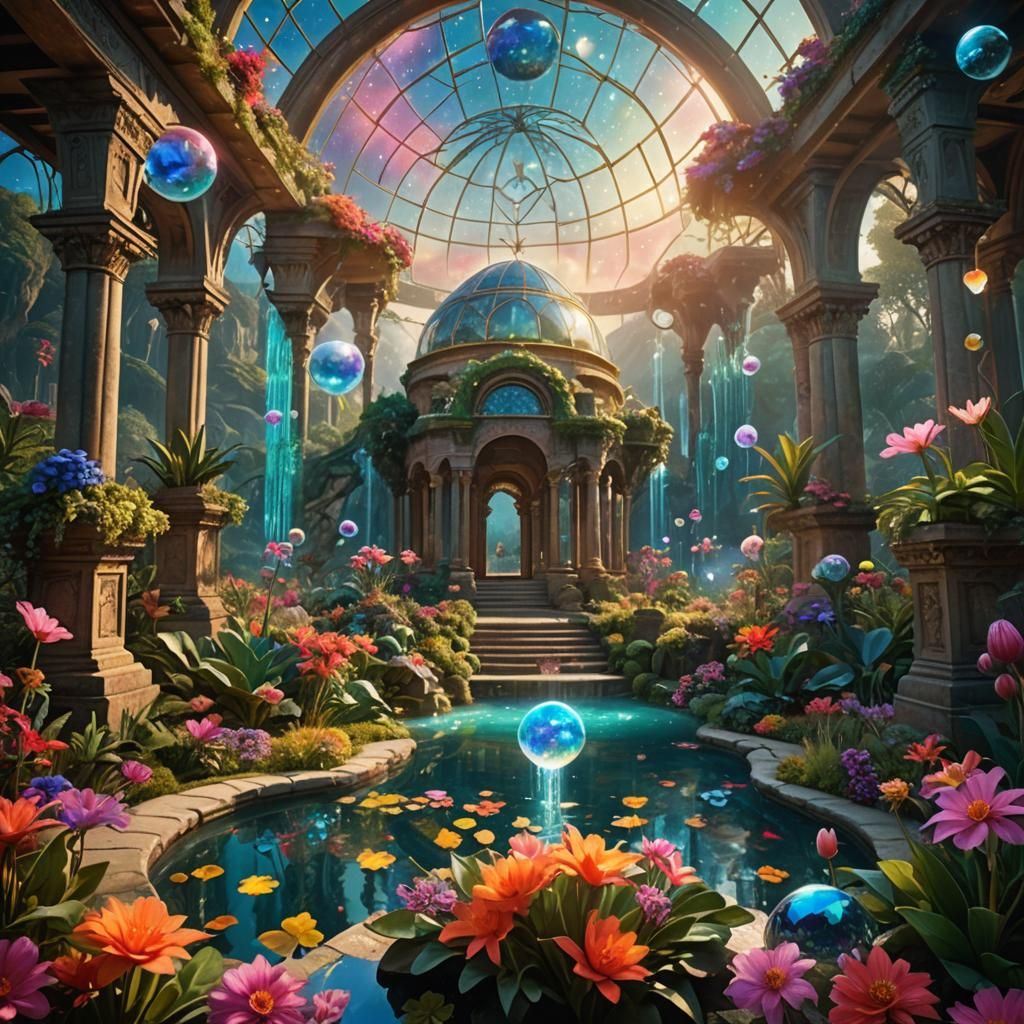 Celestial Garden with Iridescent Flowers and Aurora Orb