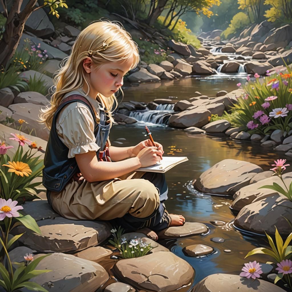 Blonde Girl Writing by Creek: Hyperrealistic Splash Art