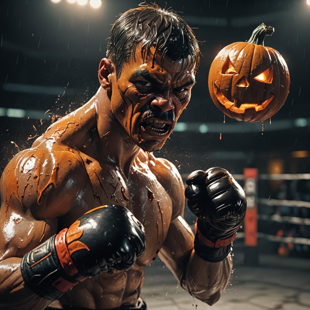 Boxer with Jack-o'-Lantern Face in Spooky Arena
