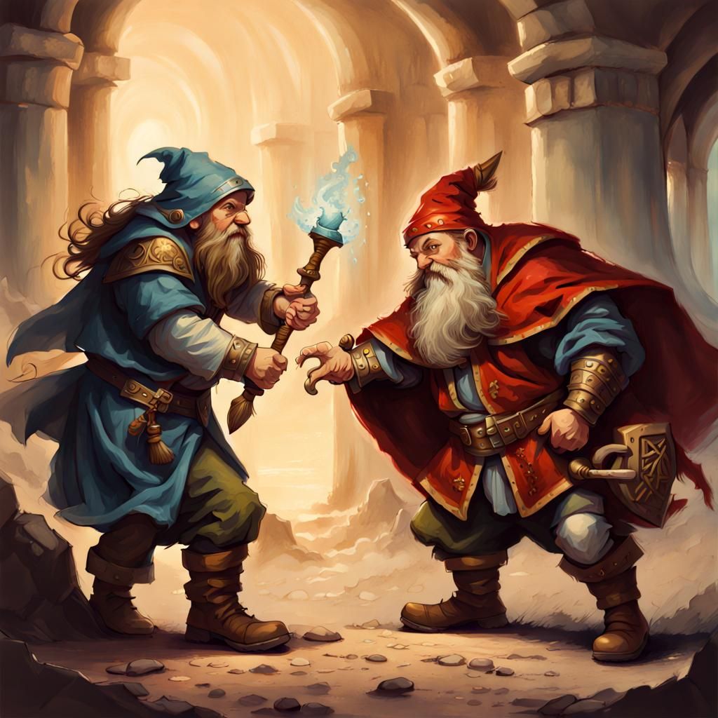 Dwarf vs Wizard Fight in Medieval Dark Fantasy Style