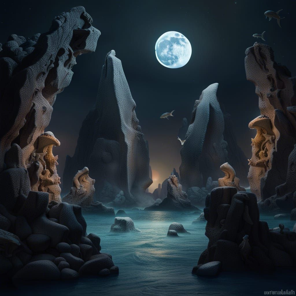 Moonlit Chasm with Cyclopean Monolith