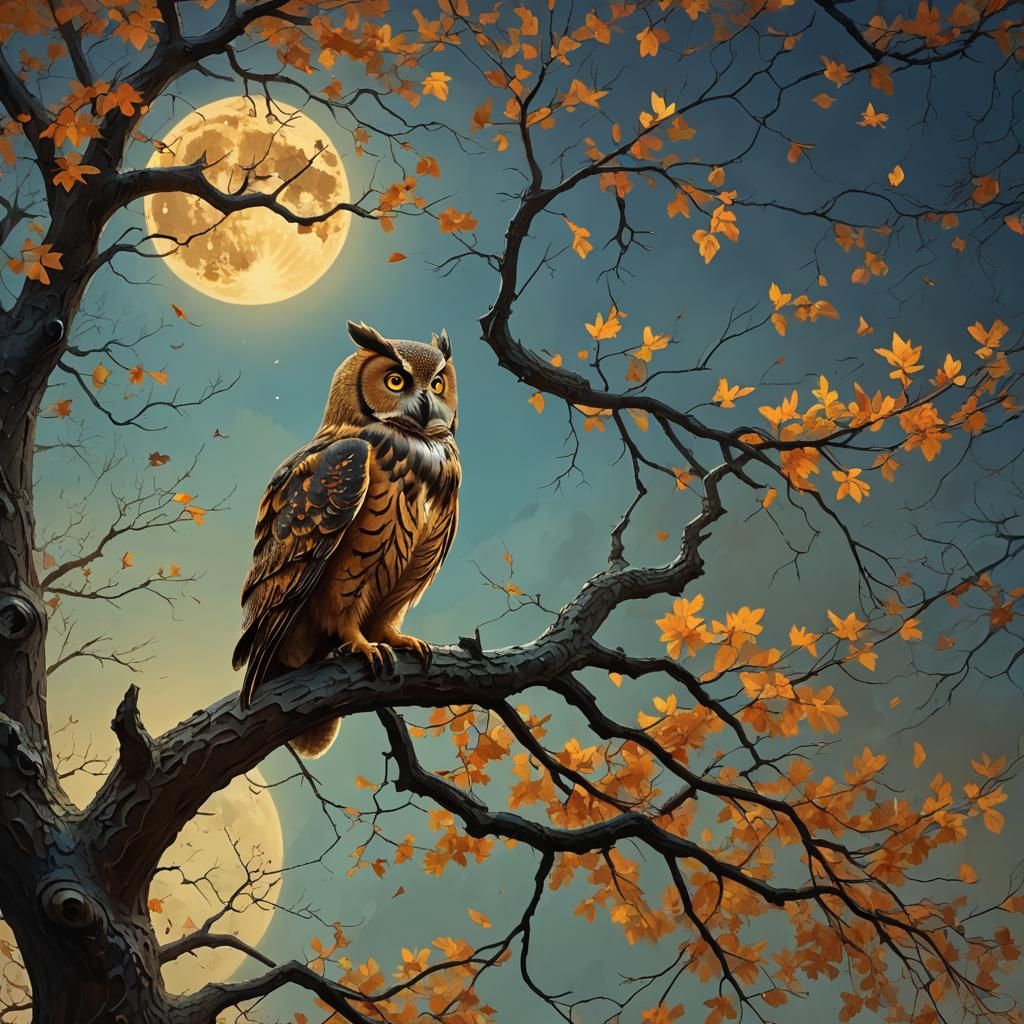 Autumn Oak Tree with Owl in Fantasy Style