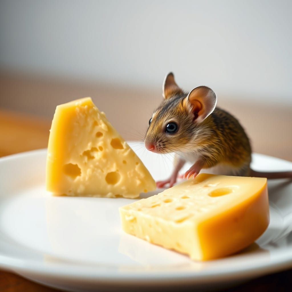 Mouse Contemplates Cheese on White Plate in Professional Pho...