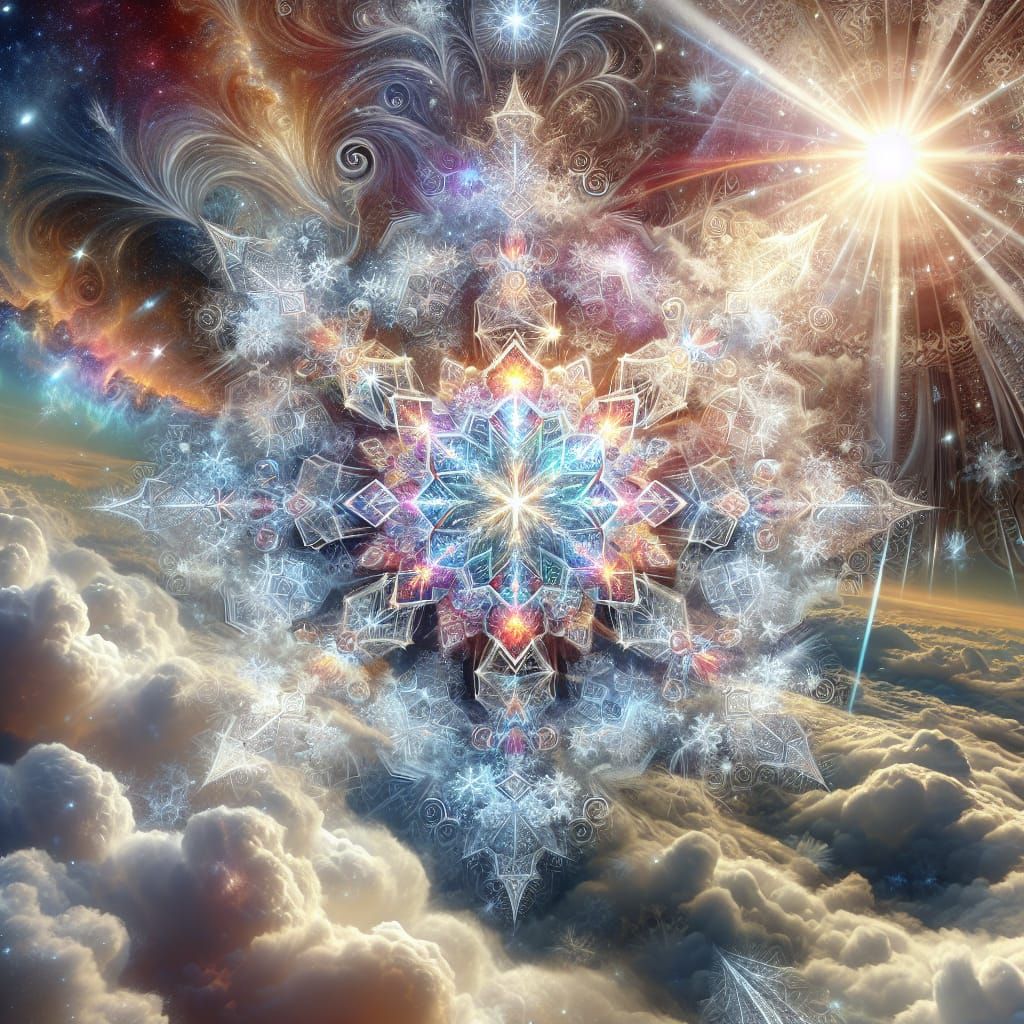 Intricate Snowflake with Sacred Geometry in Dreamlike Colors