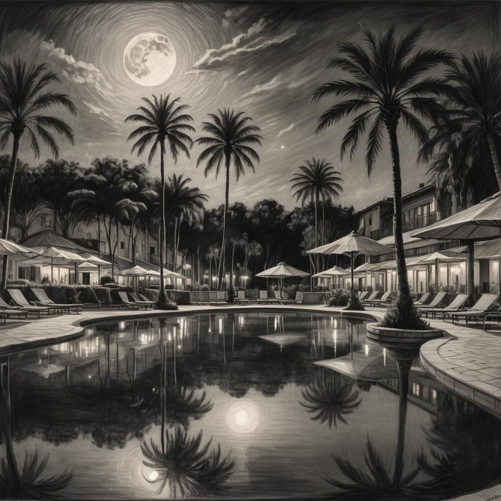Moonlit Pool in Aquitaine: Hyperdetailed Charcoal Drawing