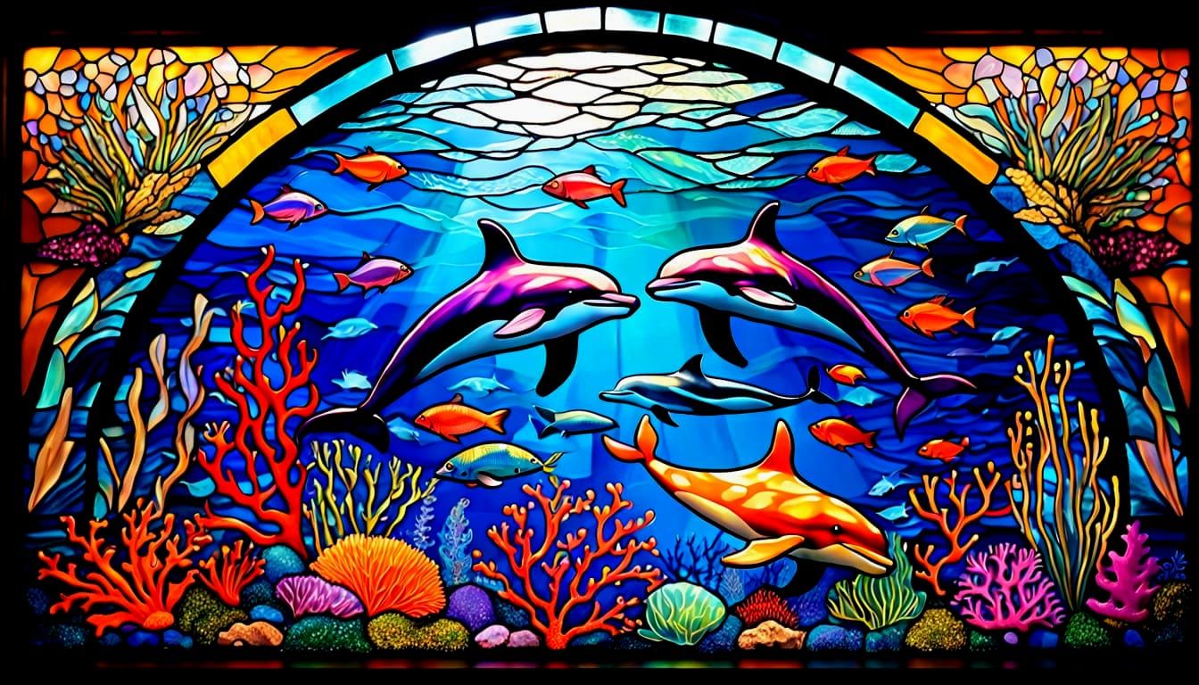 Stunning Bioluminescent Ocean Scene in Vibrant Stained Glass
