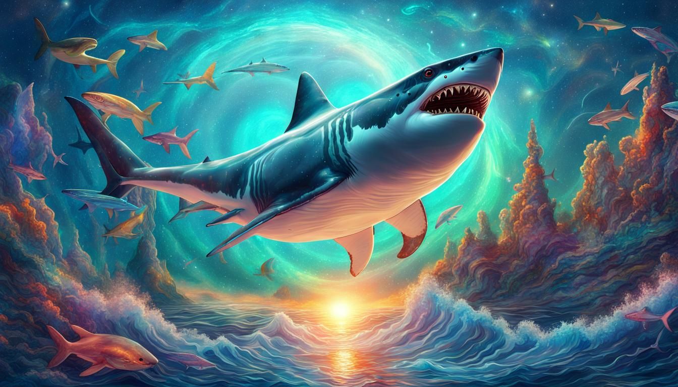 Giant Shark in Fantasy Sea: Cosmic Astral Illustration