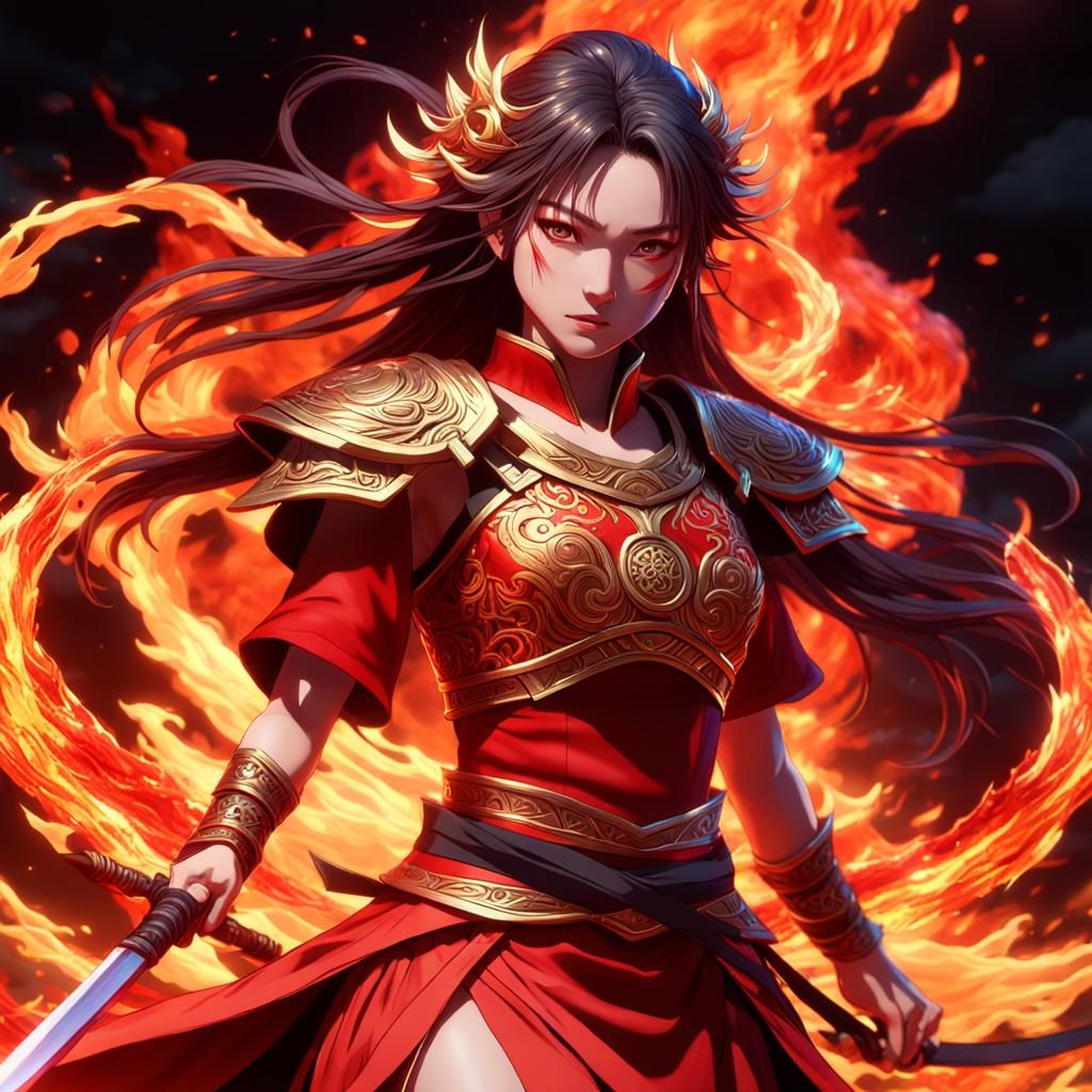 Vibrant Warrior Goddess in Flaming 3D Anime Style