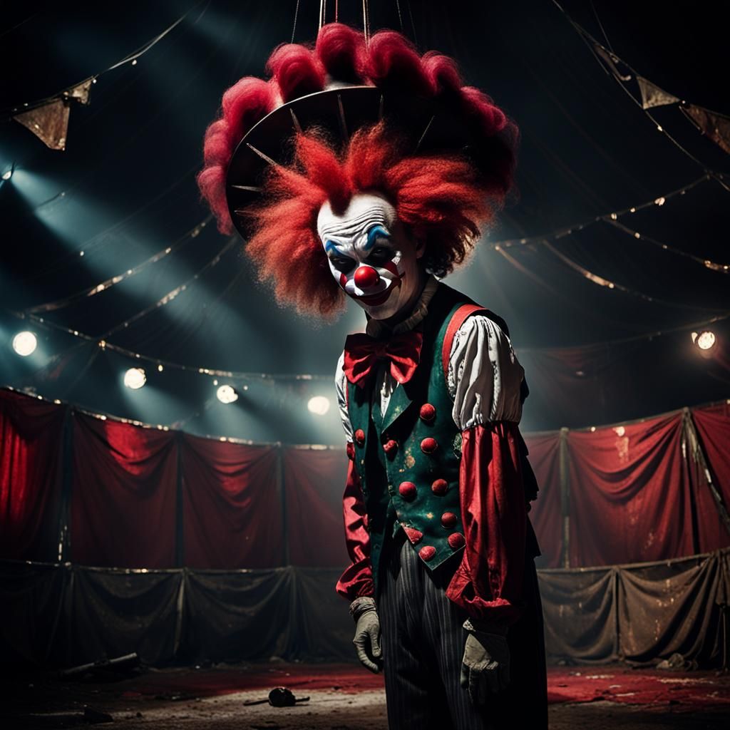 Dark Surreal Clown in Abandoned Circus Tent