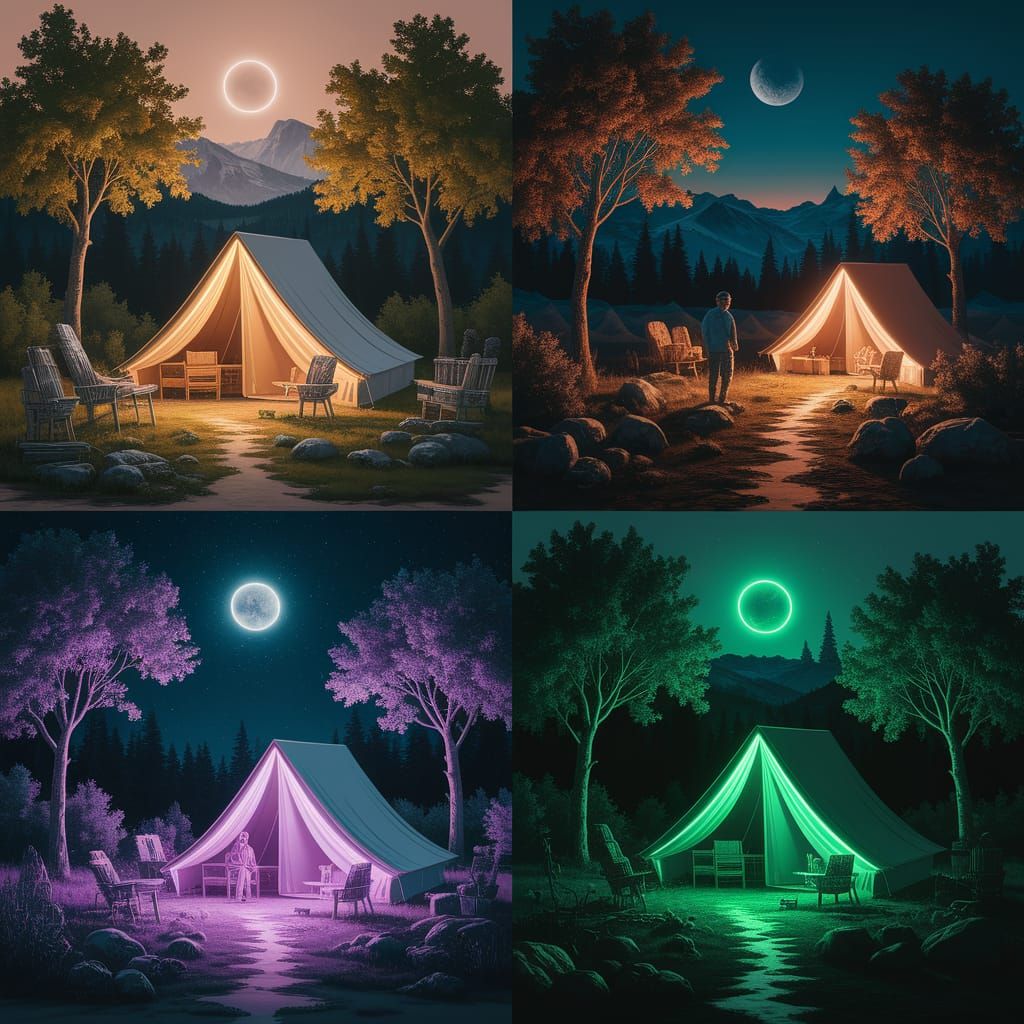 Camping at Night: 3D Oil Painting with Neon Lights