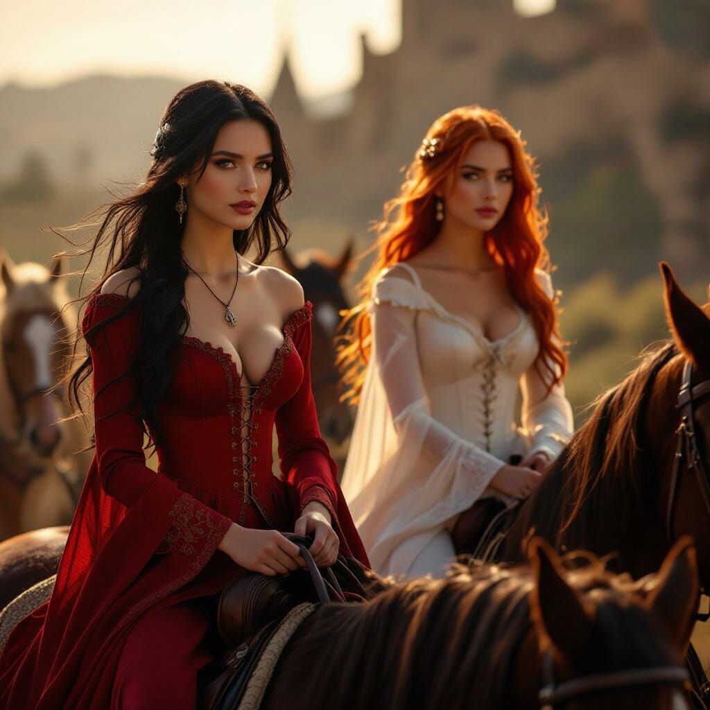 Cinematic Medieval Scene: Women on Horseback