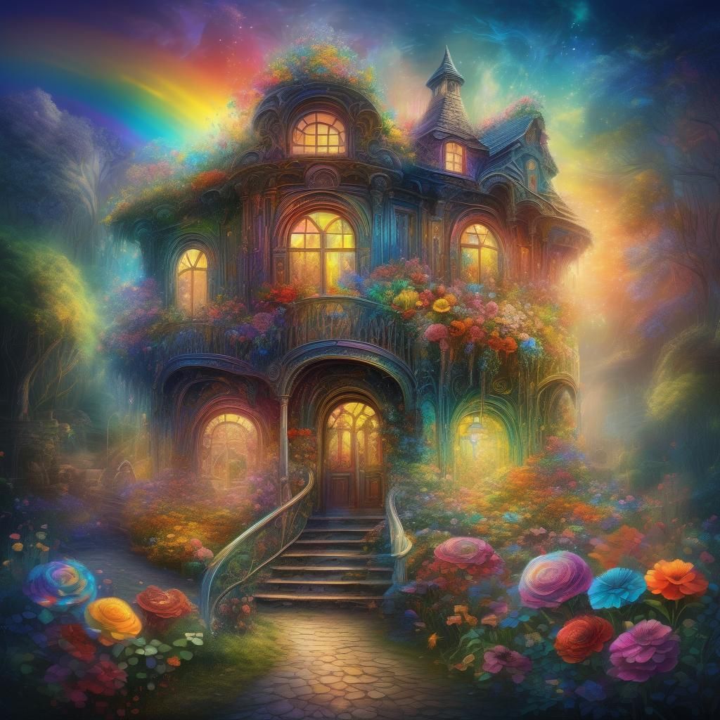 Glowing Rainbow Flower House in Magical Realism Style