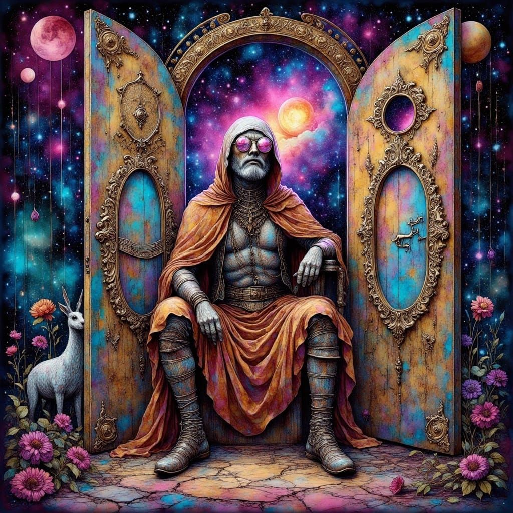 Dreamwalker in Mystical Attire with Celestial Doors