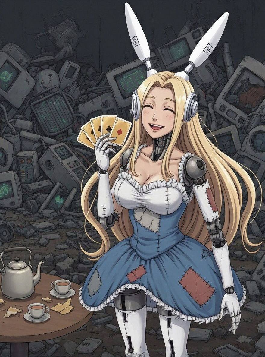 Cyborg Robot Puppet in Ruined Theme Park Holding Cards