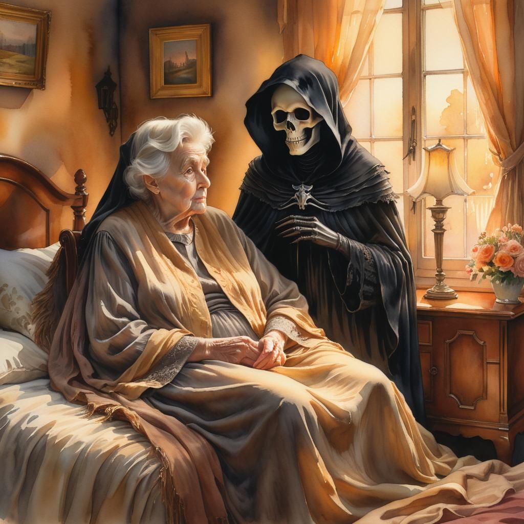 Touching Watercolor: Grim Reaper Comforts Elderly Woman