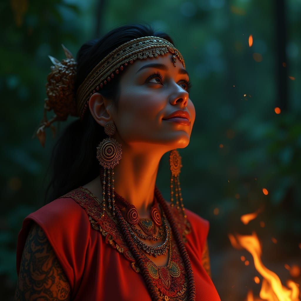 Amazonian Shamaness in Red Attire Gazing at the Starry Night...