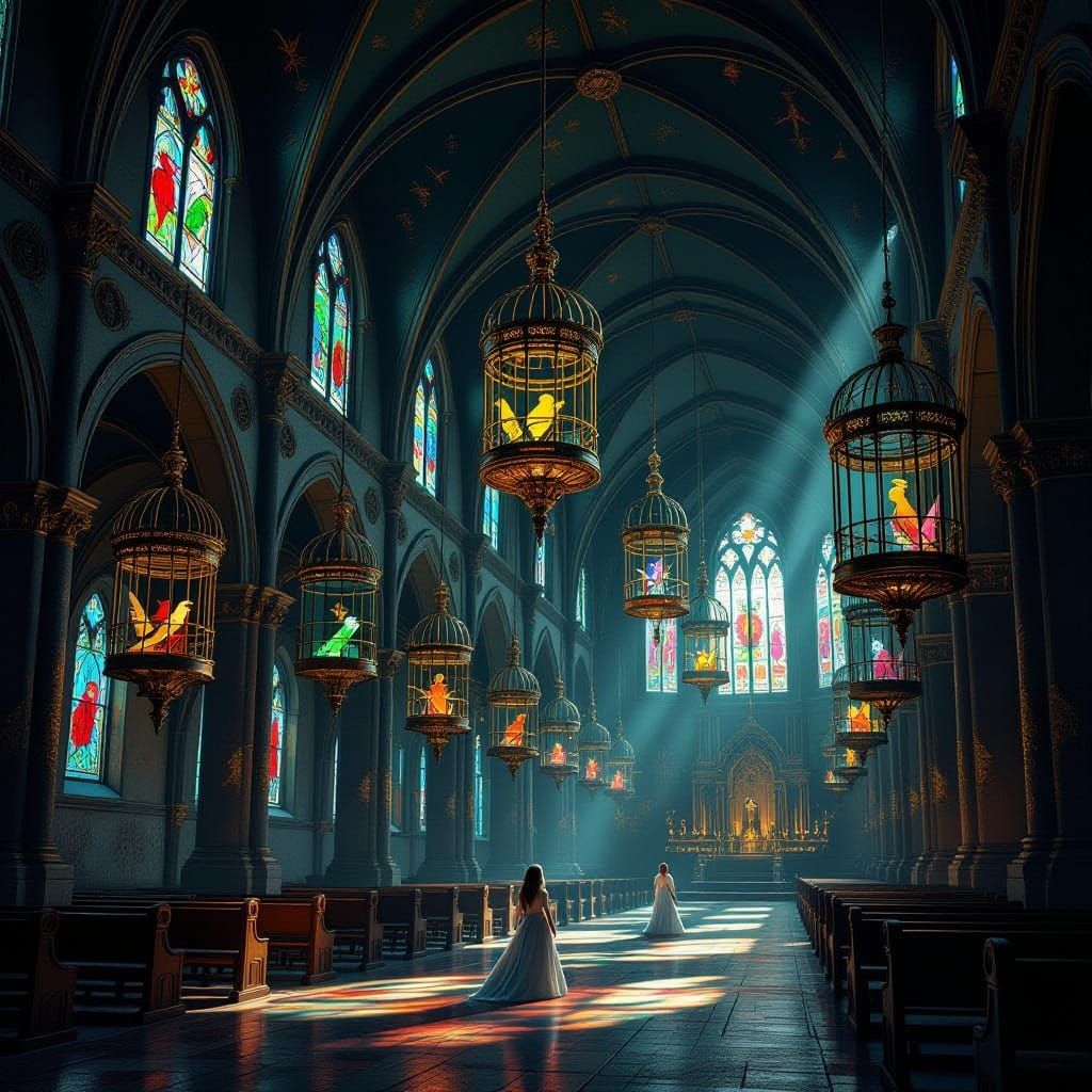 Ornate Cages in Disused Chapel with Songbirds and Steampunk ...