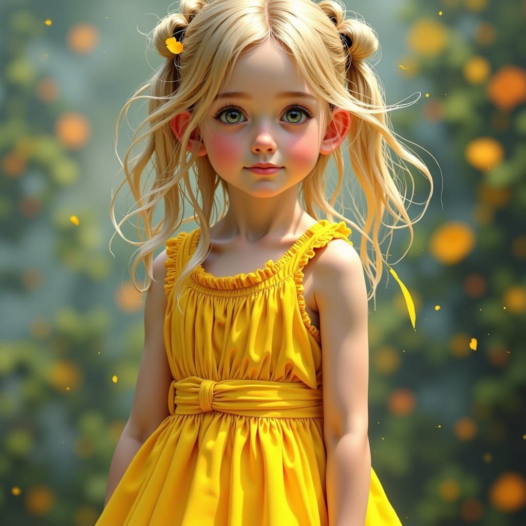 Hyperrealistic Portrait of a Blonde Child in a Yellow Sundre...