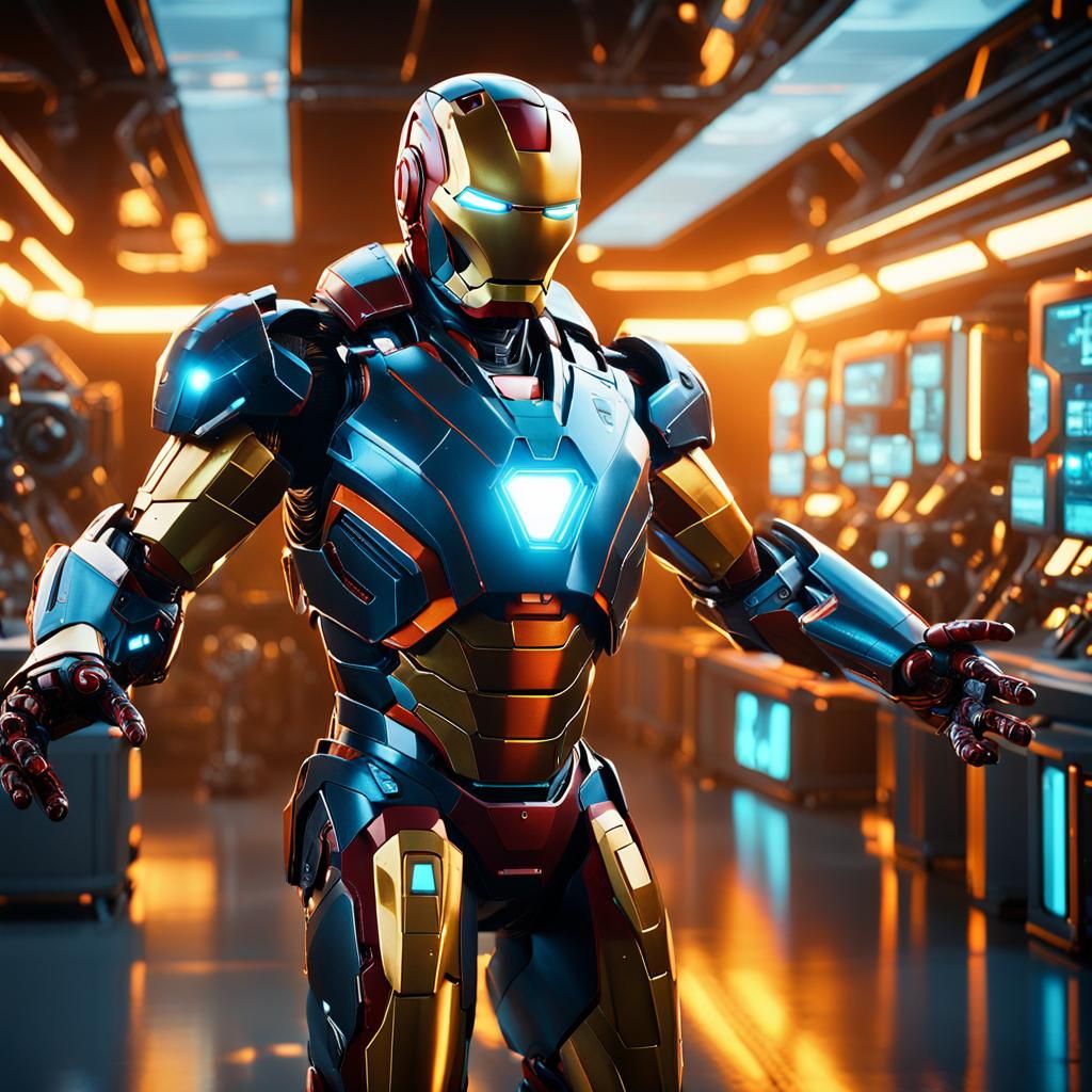 Iron Man Smiling in High-Tech Lab: Concept Art