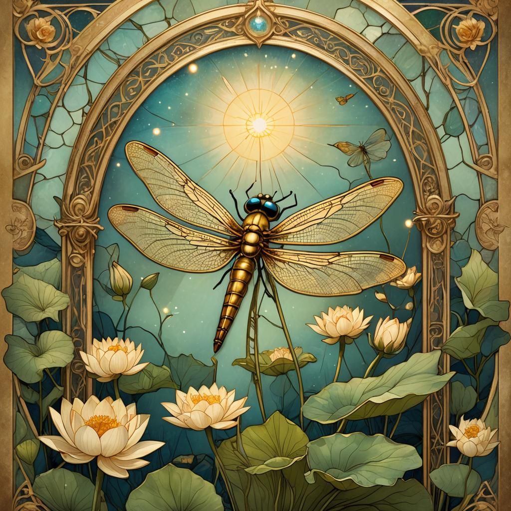 Dragonfly on Lotus in Art Nouveau Style
